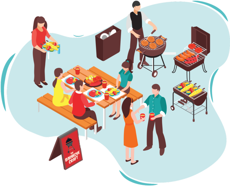 Friends enjoying a barbecue party around a table
